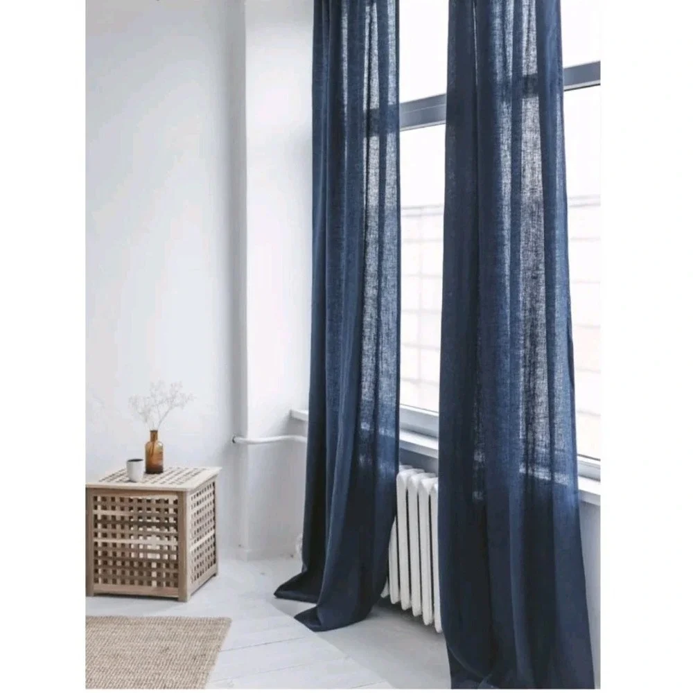 Sand‎ Snow 100% Linen Curtain 2 Panels Europe Made Light Filtering Harbour Blue